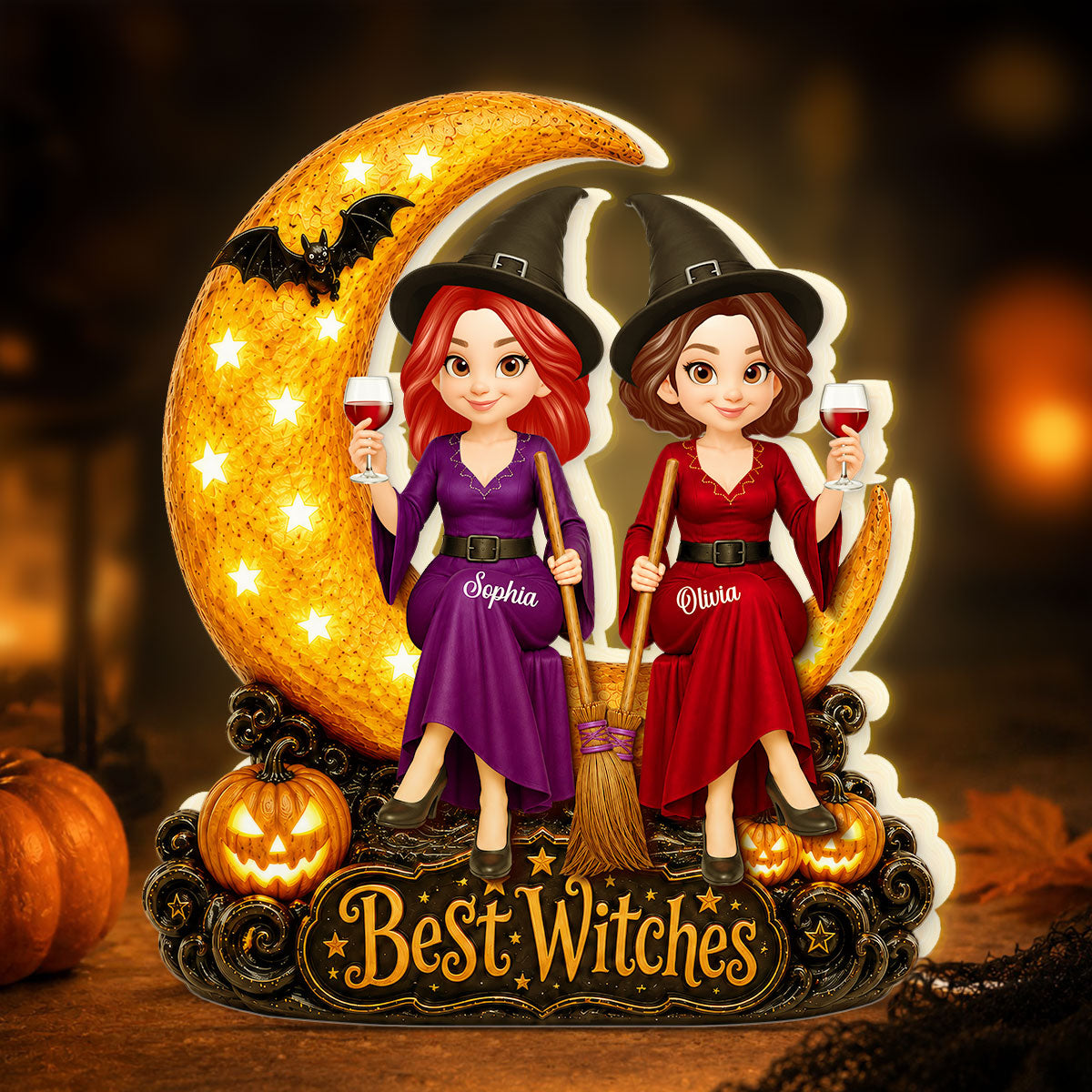 Witch Besties Sitting On Moon 2D Flat - Personalized Light Box - Halloween Gift Decoration