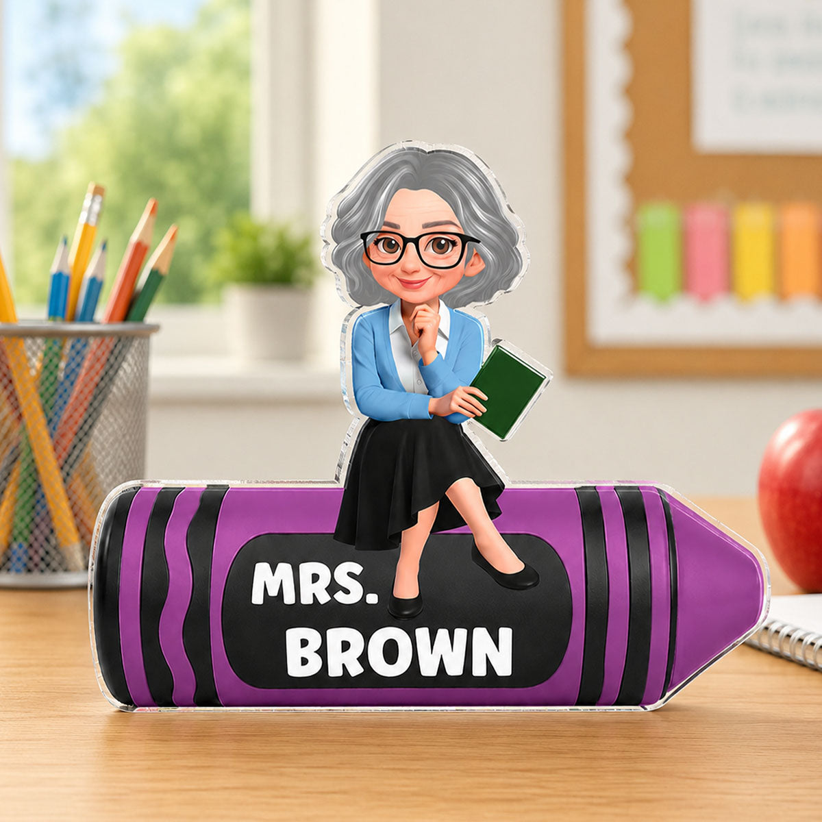 Teacher Sitting On Beautiful Crayon - Personalized Acrylic Block Plaque - Back To School Gift For Teacher, Classroom Decor
