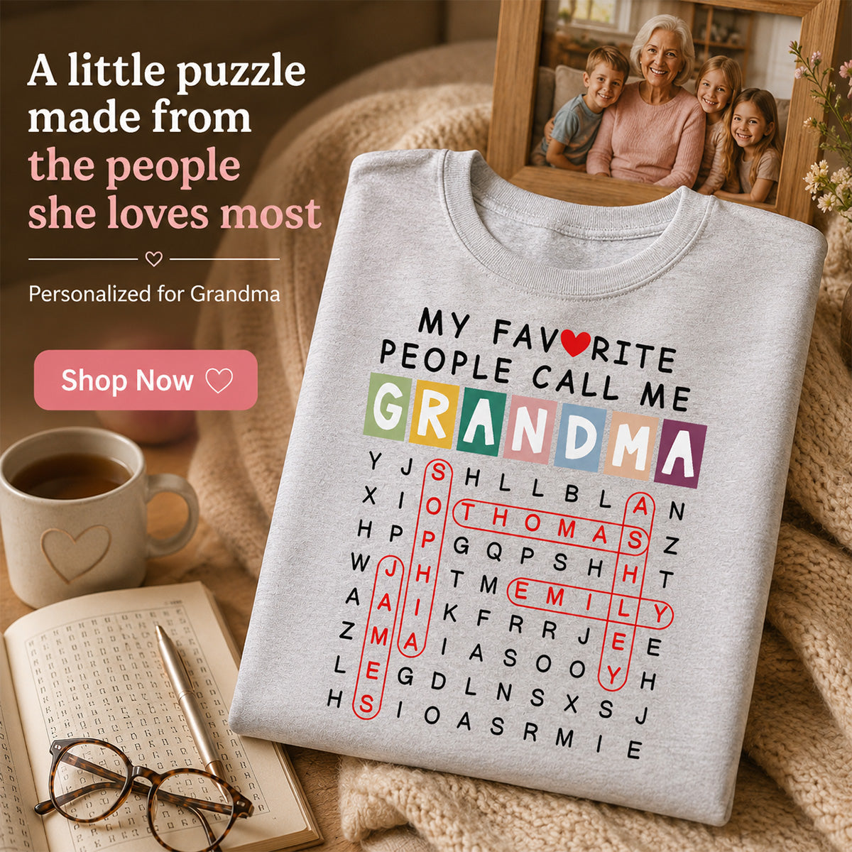 Favorite People Call Me Grandma Word Search Puzzle - Personalized Shirt - Heartfelt Gift For Grandma, Mom