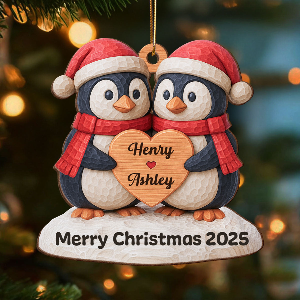 Christmas Penguin Couple - Personalized Wooden Ornament - Christmas Gift for Couple