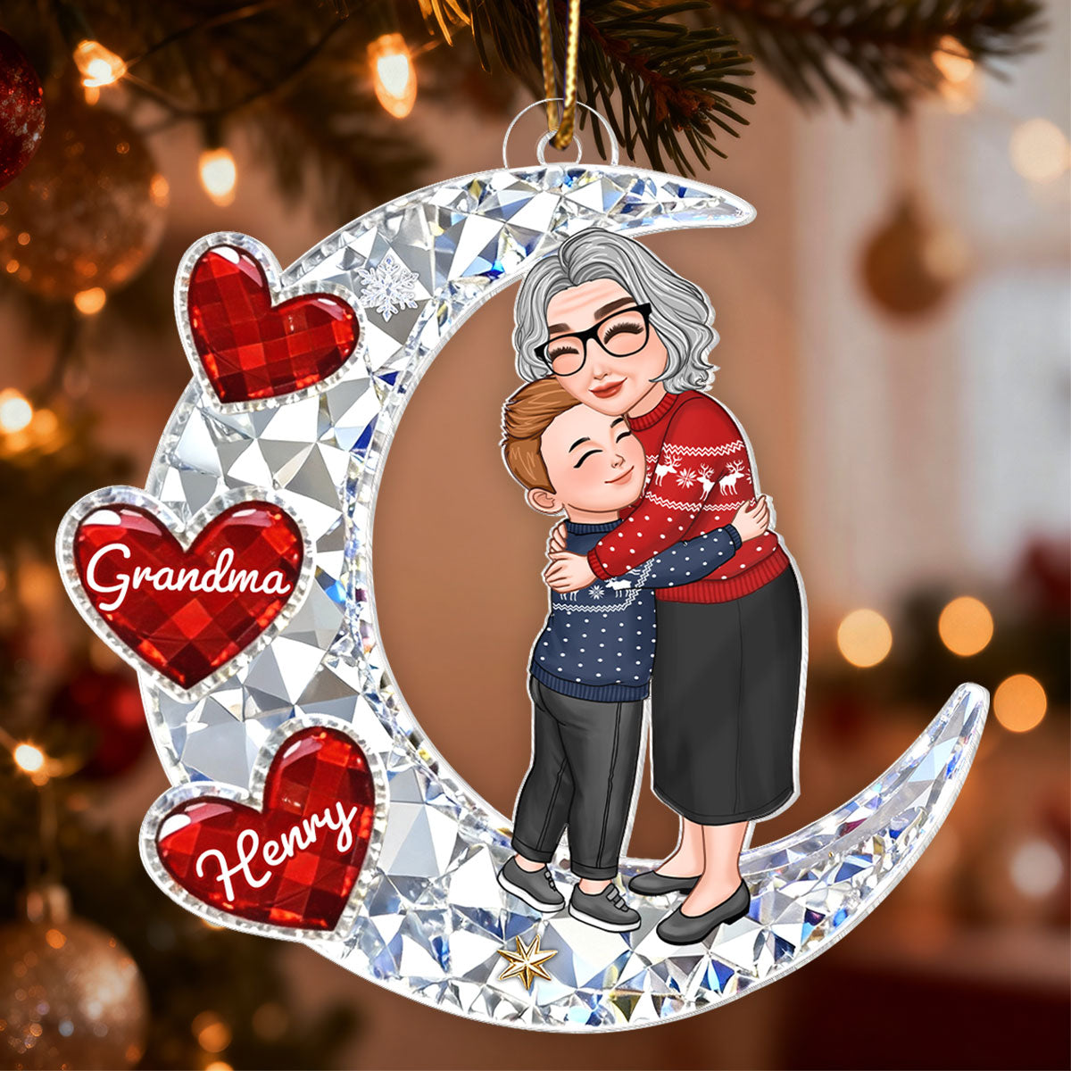 3D Crystal Effect Grandma Grandkid Hugging on Moon - Personalized Acrylic Ornament - Christmas Gift for Grandma, Grandkids