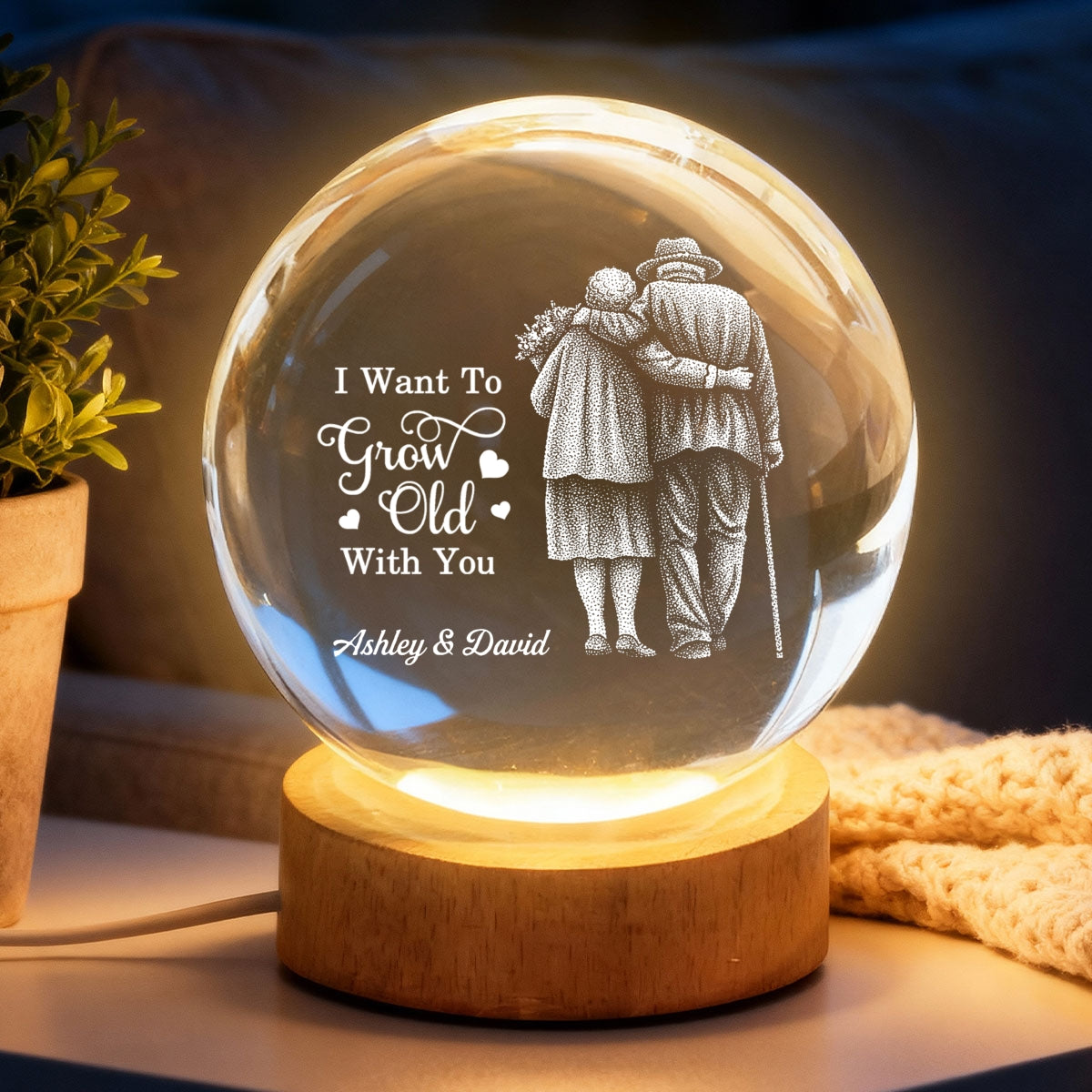 Eternal Love Old Couple Wanna Grow Old With You - Personalized Crystal Ball LED Night Light - Valentine's Day Gift For Couple
