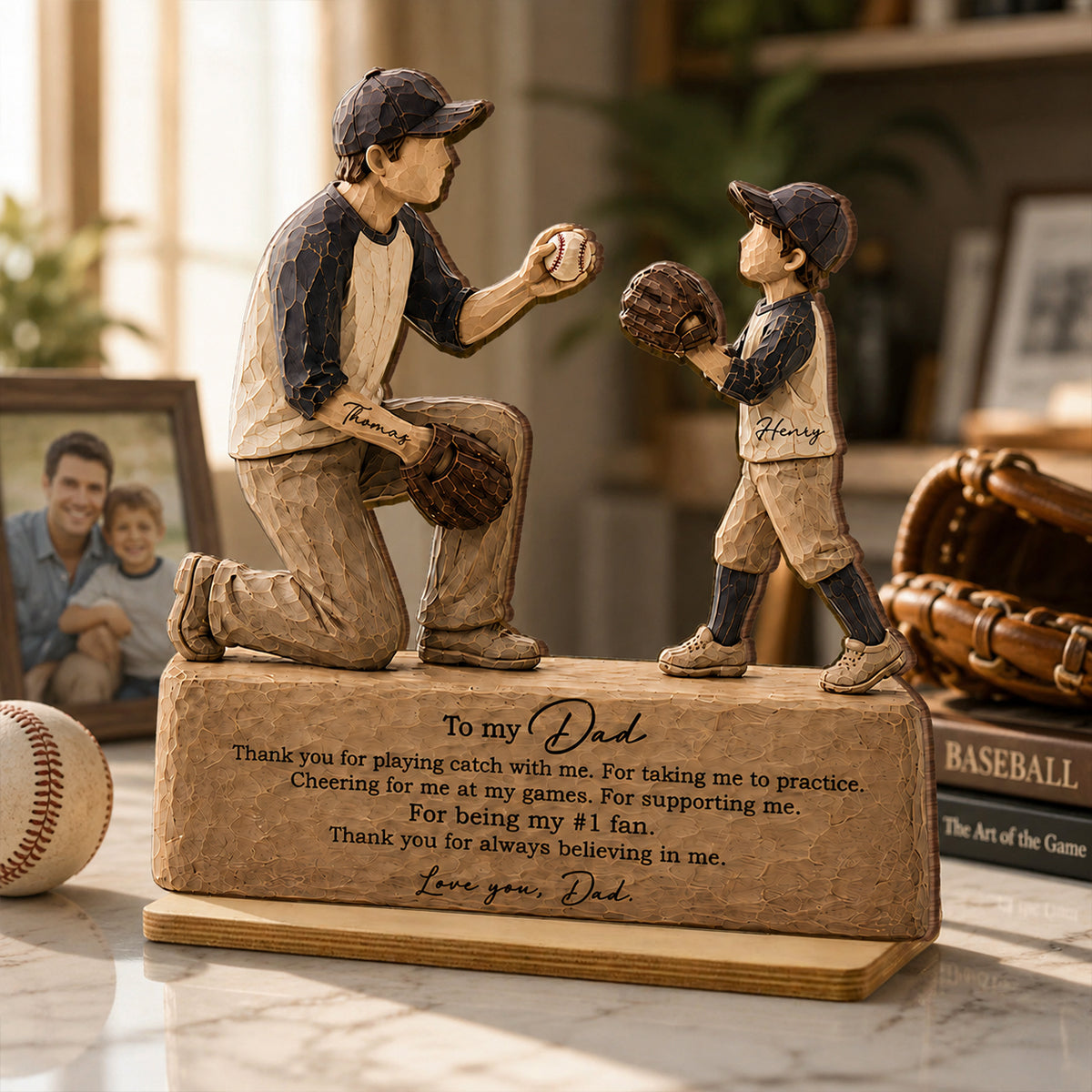 To My Baseball Dad Thanks for Playing Catch with Me - Personalized 2-Layered Wooden Plaque -  Gift for Dad from Son