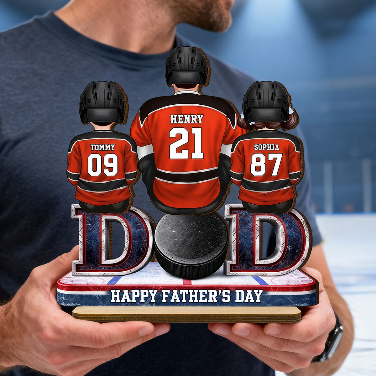 Hockey Dad And Kids Sitting Together - Personalized 2-Layered Wooden Plaque -  Gift, Gift For Hockey Dad, Gift For Husband