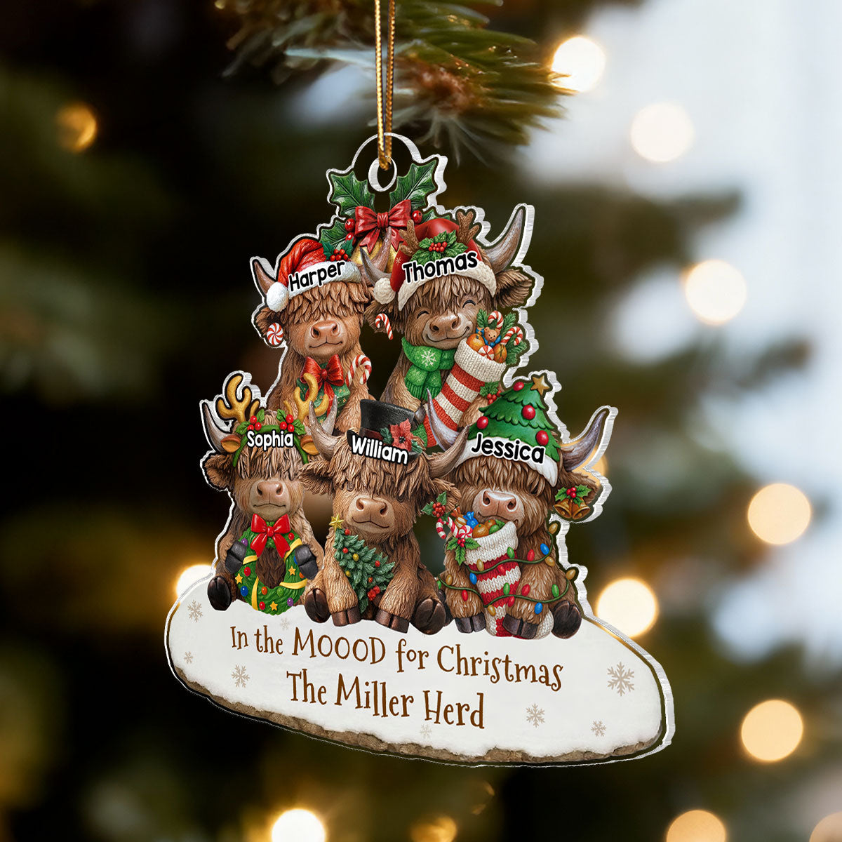 3D Effect Highland Cows Sitting Family Herd In The Moood For Christmas - Personalized Acrylic Ornament