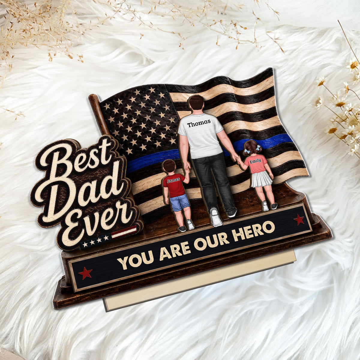 Best Dad Ever Our Hero American Flag 2D Flat - Personalized 2-Layered Wooden Plaque -  Gift For Patriotic Dad, Grandpa, Husband