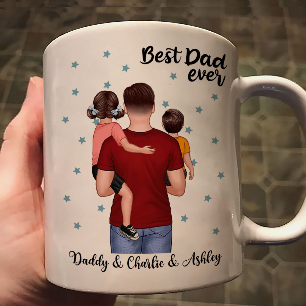 Dad Holding Kids Blue Stars Father‘s Day Gift Personalized Mug