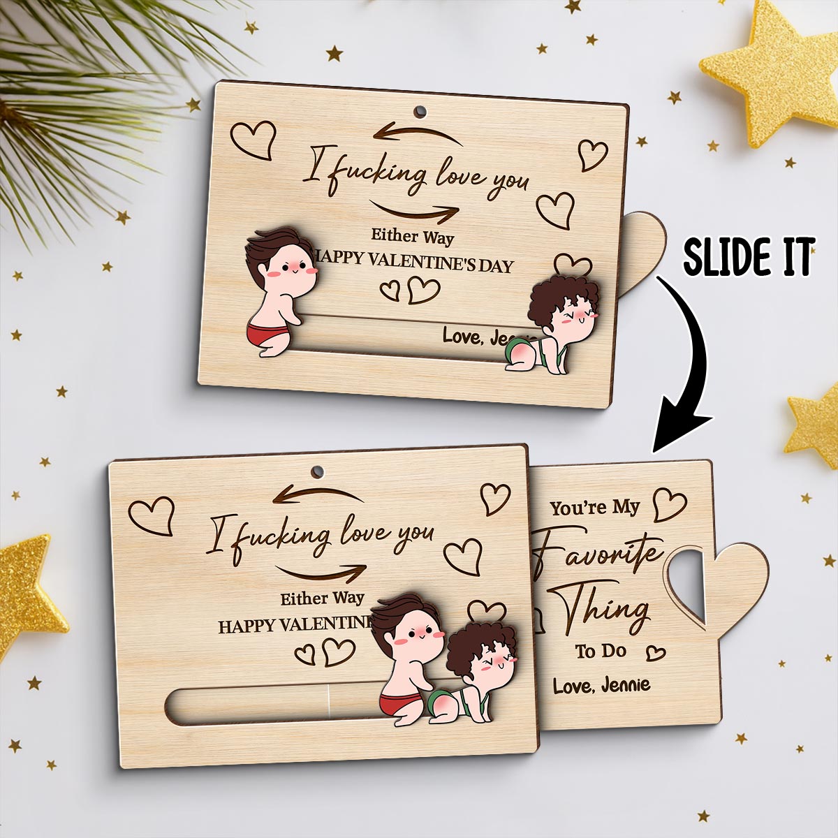 I Fcking Love You Funny Inappropriate Couple Cartoon Style - Personalized Wooden Slider Ornament - Valentine's Day Gift For Him, For Her