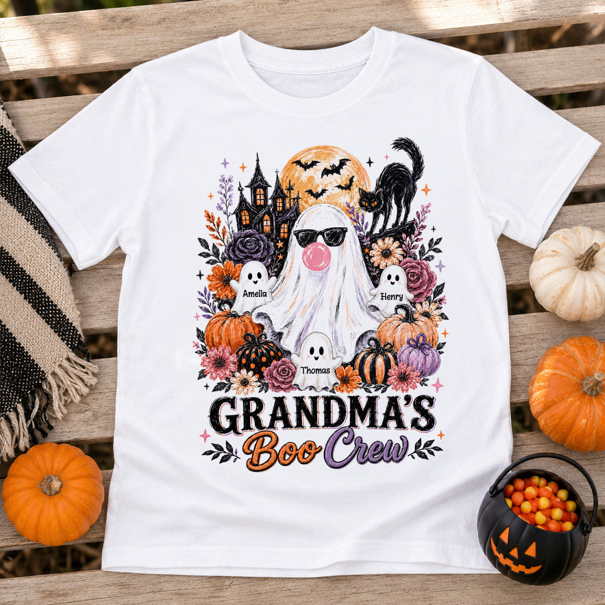 Grandma's Boo Crew Haunted House - Personalized Shirt - Trendy Halloween Tee for Grandma