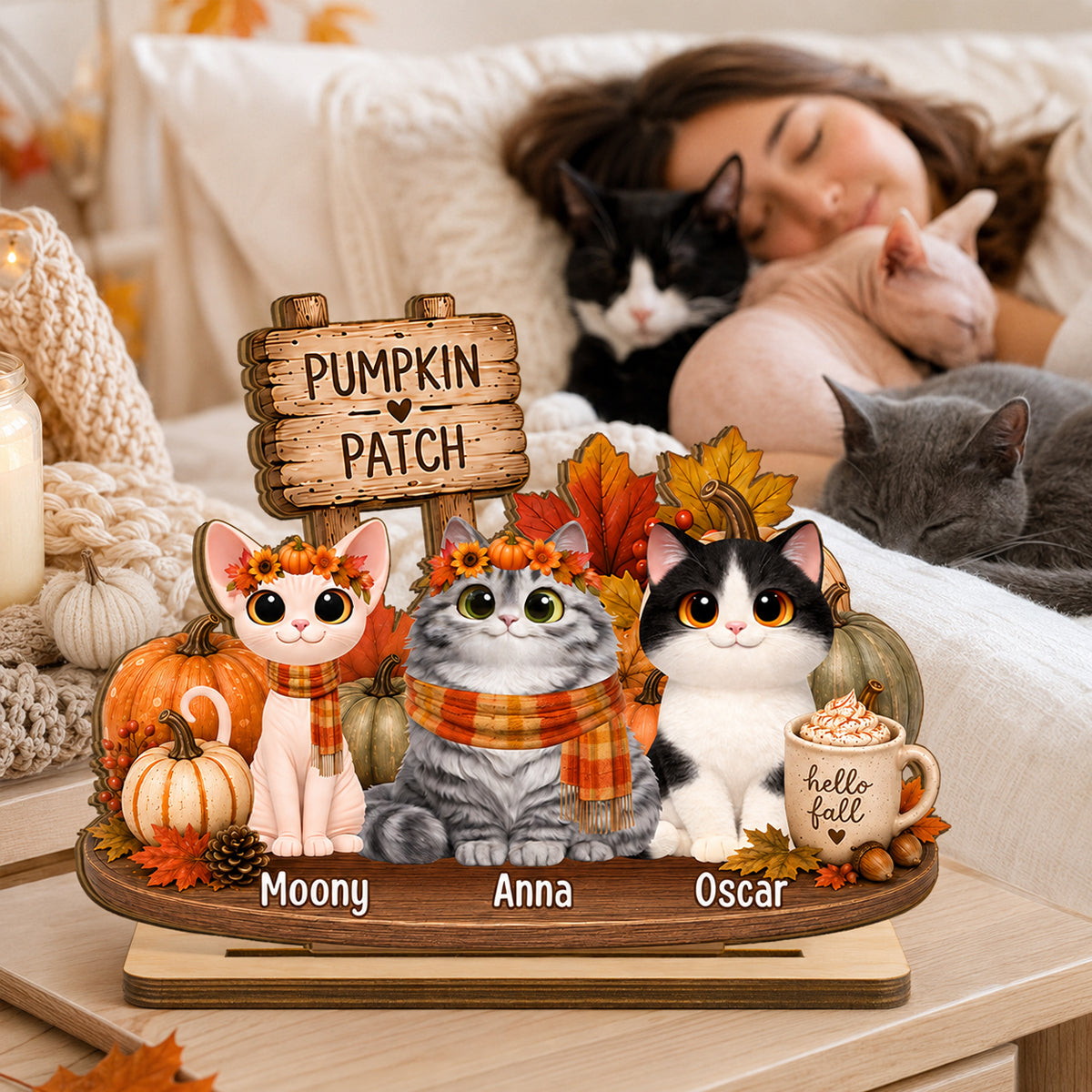 Halloween Cats Pumpkin Patch - Personalized 2-Layered Wooden Plaque - Fall Decor for Cat Lovers