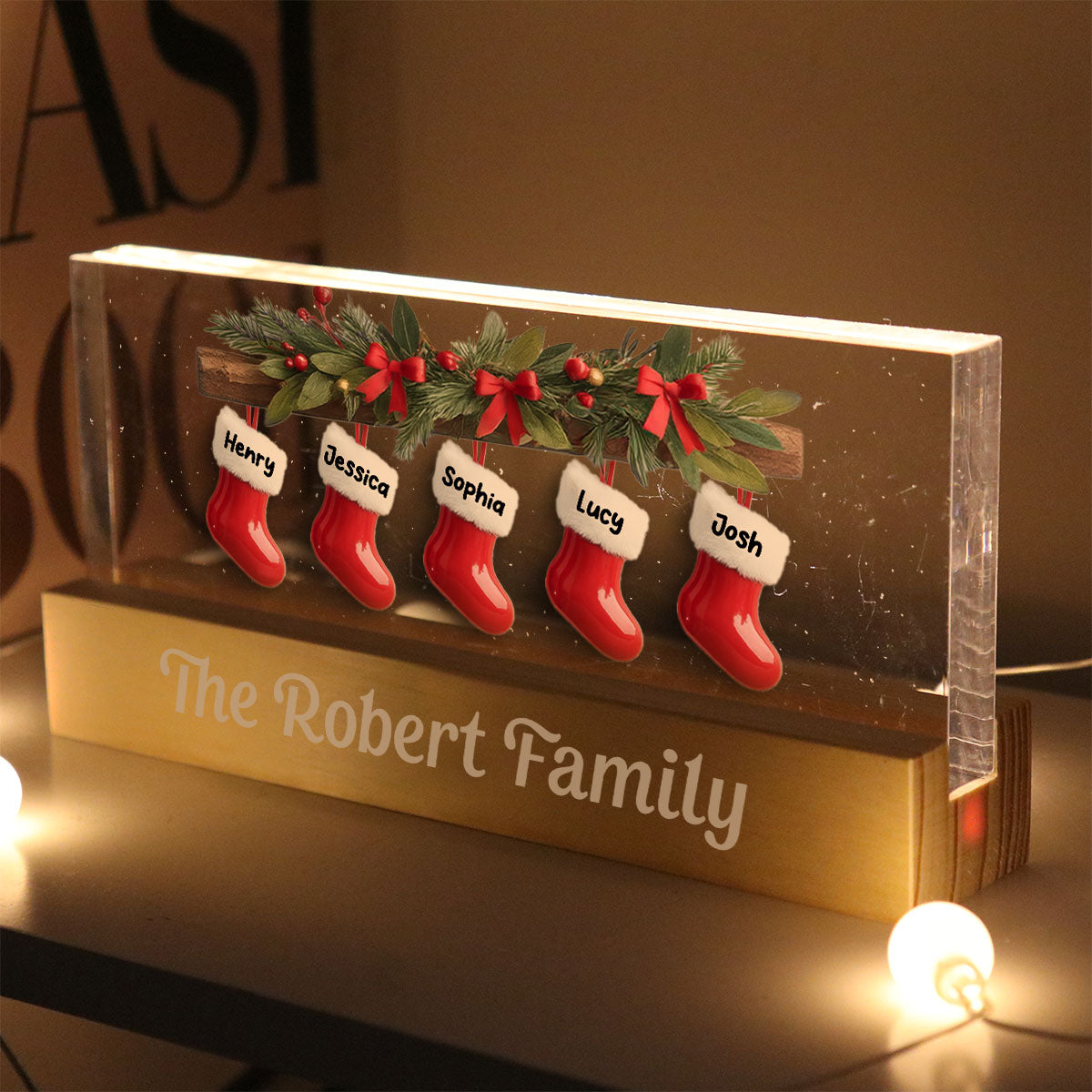Family Christmas Stockings 3D Effect - Personalized Block LED Night Light - Christmas Decor For Family