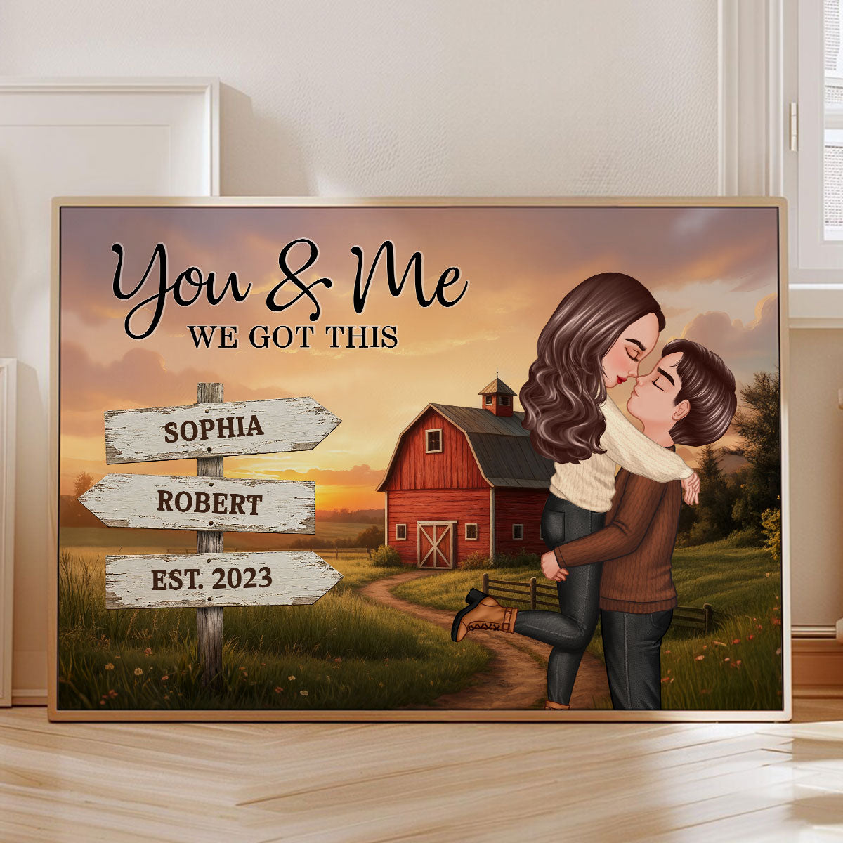 Rustic Nostalgia Red Barn House Sign Posts Couple Hugging Kissing Farmhouse Decor - Personalized Poster - Heartfelt Valentine, Anniversary Gift For Him, For Her