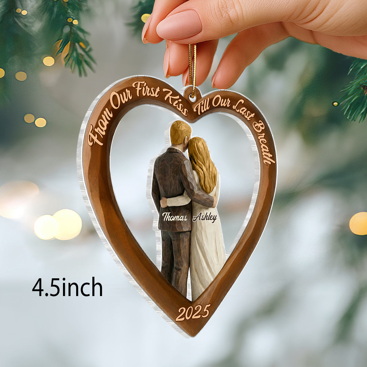 Couple Heart Christmas Faux Wood - Personalized Acrylic Ornament - Unique Christmas Gift For Grandma, Grandpa, Old Couple