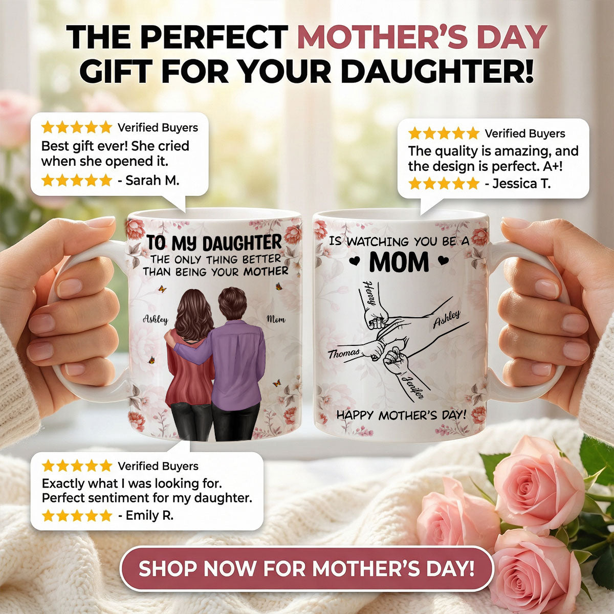 To My Daughter From Mom Hands Outline Floral Pink Tone - Personalized Mug - Mother's Day Gift For Daughter