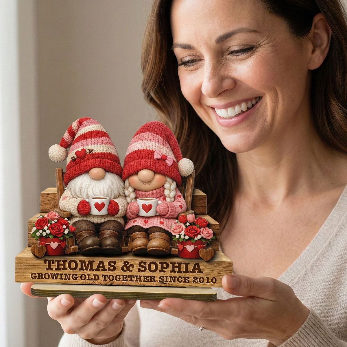 Everlasting Love Valentine Gnome Couple - Personalized 2-Layered Wooden Plaque - Valentine's Day Gift For Couple