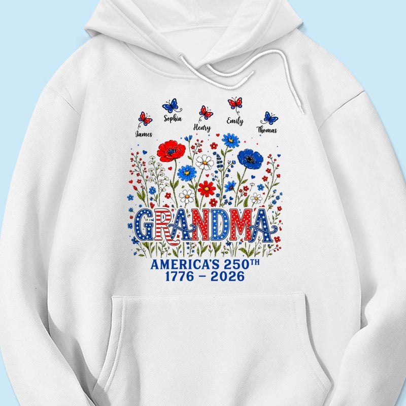 Proud Mom Grandma Nation Flag Flowers American 250th Anniversary - Personalized Shirt - Gift For Mom, Grandma