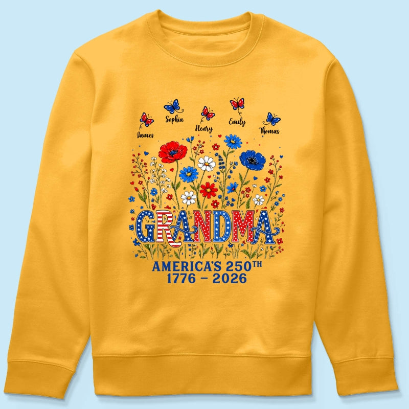 Proud Mom Grandma Nation Flag Flowers American 250th Anniversary - Personalized Shirt - Gift For Mom, Grandma