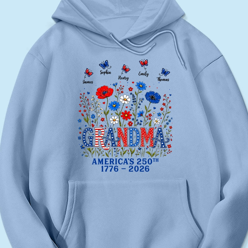 Proud Mom Grandma Nation Flag Flowers American 250th Anniversary - Personalized Shirt - Gift For Mom, Grandma