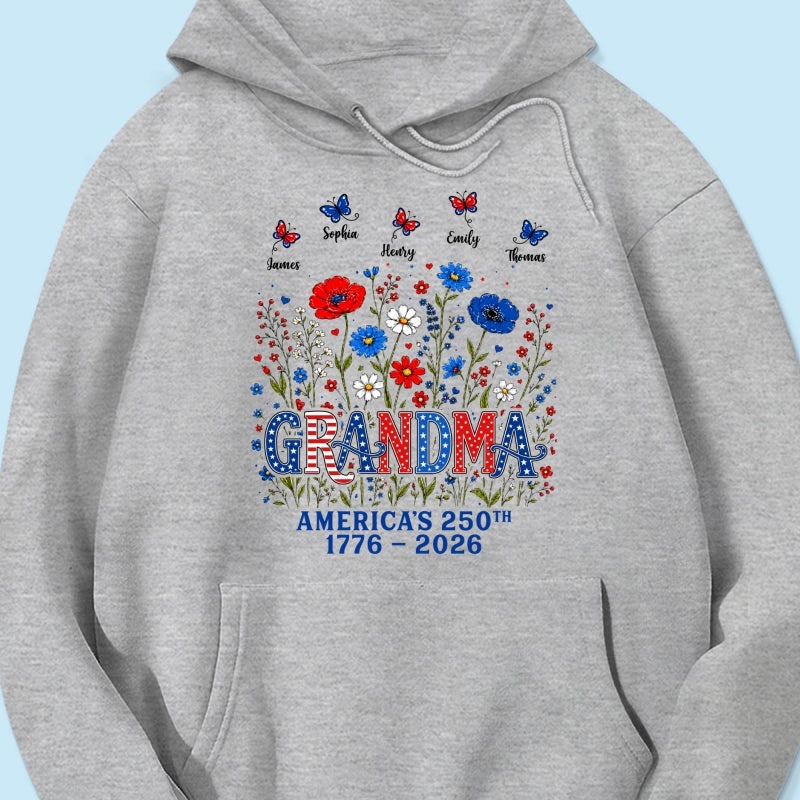 Proud Mom Grandma Nation Flag Flowers American 250th Anniversary - Personalized Shirt - Gift For Mom, Grandma