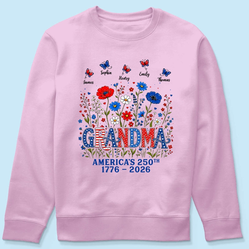 Proud Mom Grandma Nation Flag Flowers American 250th Anniversary - Personalized Shirt - Gift For Mom, Grandma