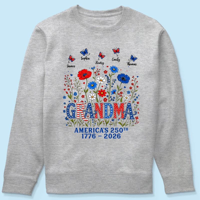 Proud Mom Grandma Nation Flag Flowers American 250th Anniversary - Personalized Shirt - Gift For Mom, Grandma