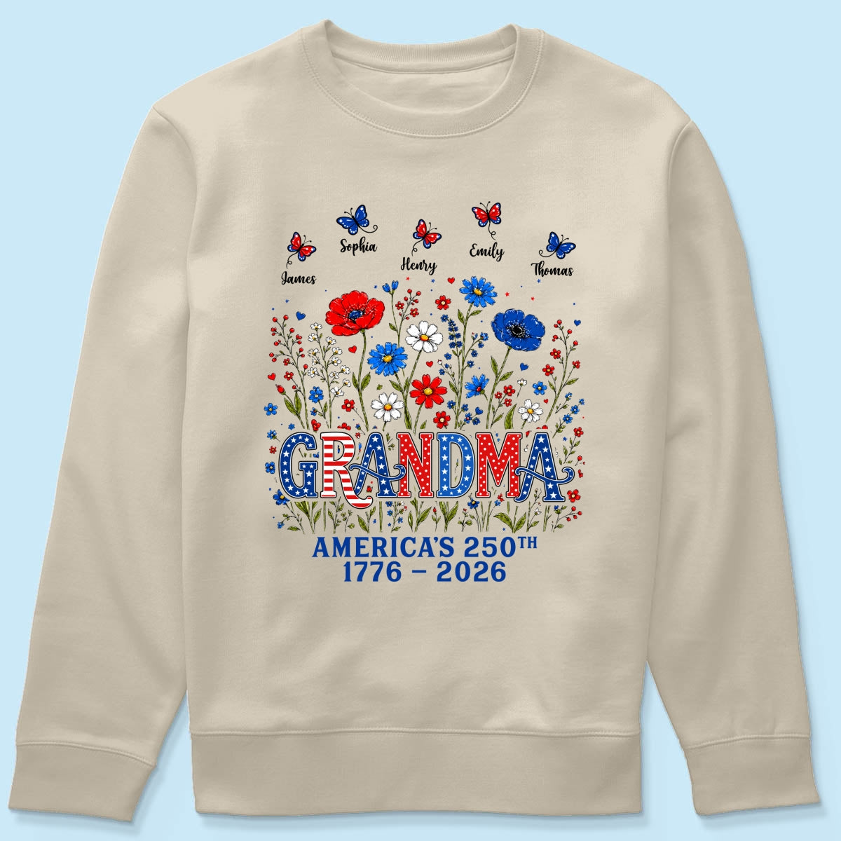 Proud Mom Grandma Nation Flag Flowers American 250th Anniversary - Personalized Shirt - Gift For Mom, Grandma