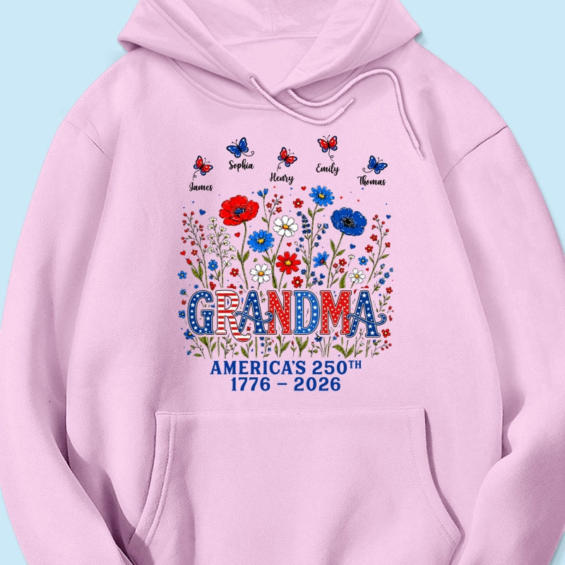 Proud Mom Grandma Nation Flag Flowers American 250th Anniversary - Personalized Shirt - Gift For Mom, Grandma