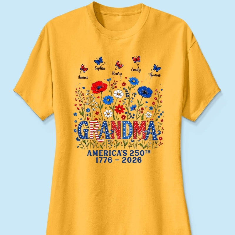 Proud Mom Grandma Nation Flag Flowers American 250th Anniversary - Personalized Shirt - Gift For Mom, Grandma