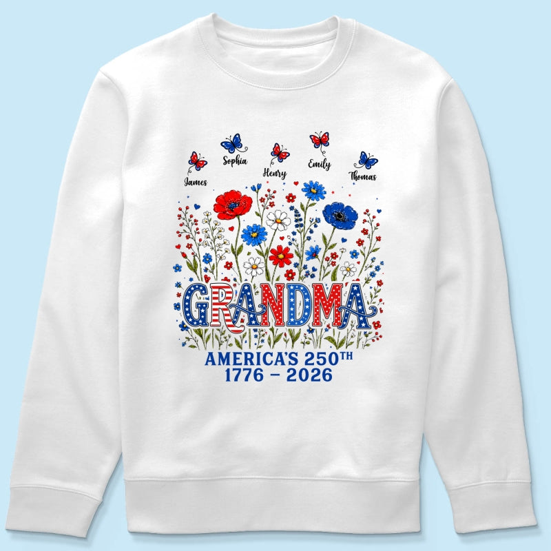 Proud Mom Grandma Nation Flag Flowers American 250th Anniversary - Personalized Shirt - Gift For Mom, Grandma