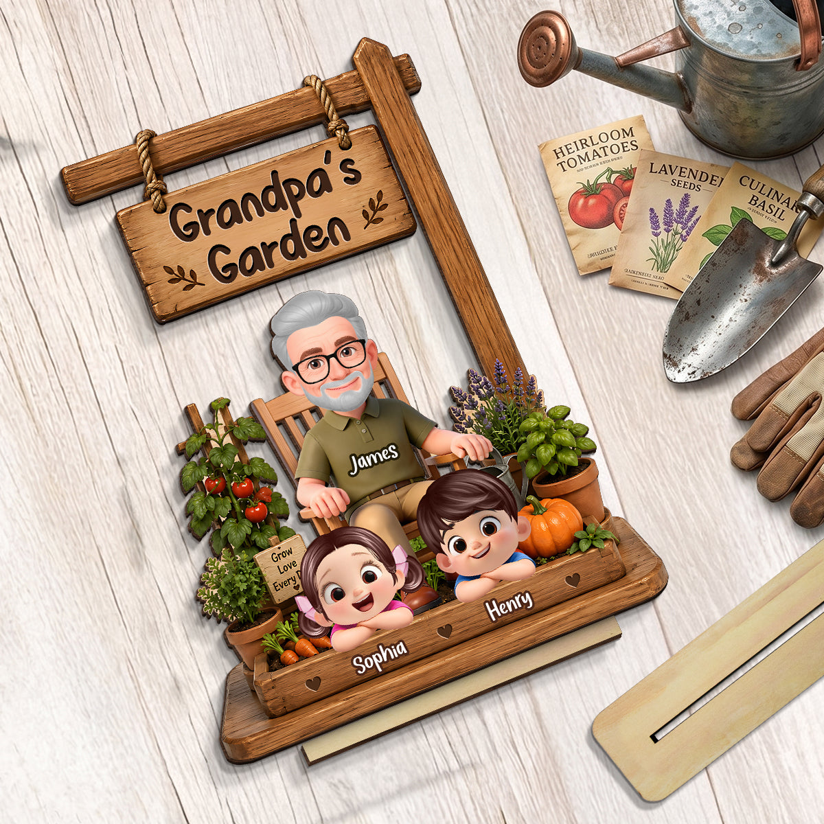 Grandpa's Garden - Personalized 2-Layered Wooden Plaque -  Gift for Dad, Husband