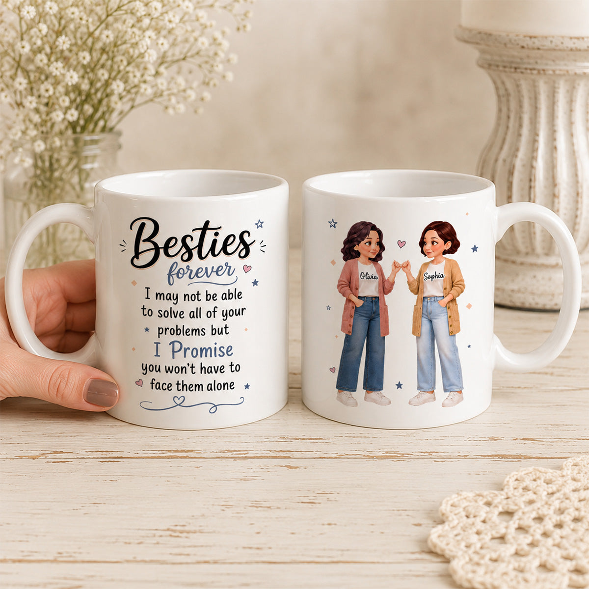 Pretty Besties Forever Pinky Promise Will Be Friends Until We Senile - Personalized Mug - Friendship Keepsake