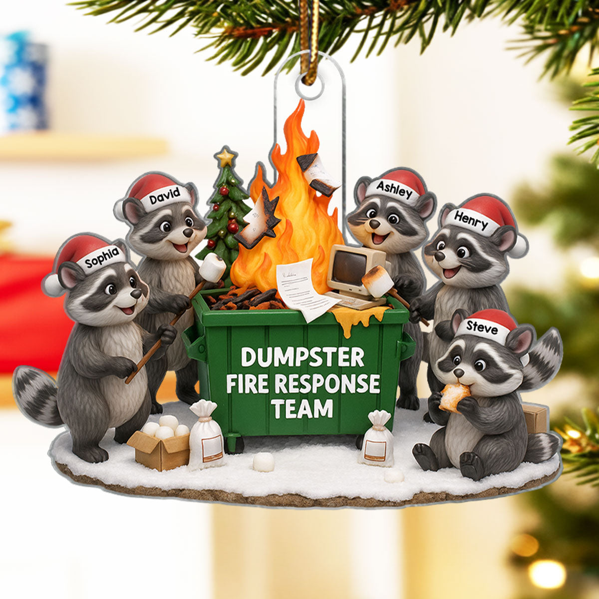 Funny Raccoon Dumpster on Fire Response Team - Personalized Acrylic Ornament - Funny Holiday Gift for Coworkers