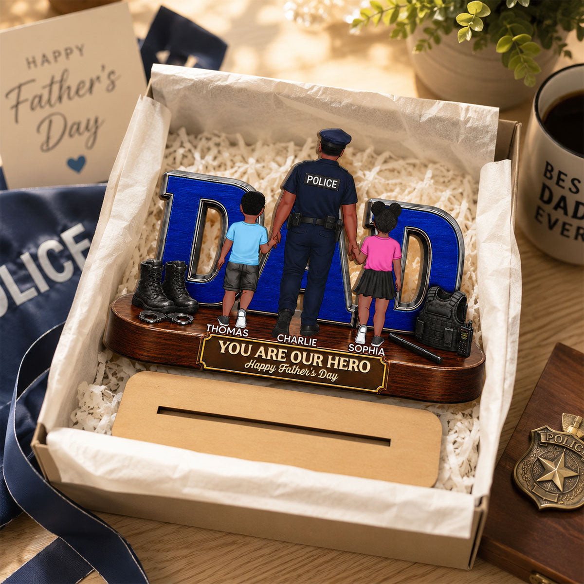 Proud American Police Dad You Are Our Hero - Personalized 2-Layered Wooden Plaque -  Gift For Dad