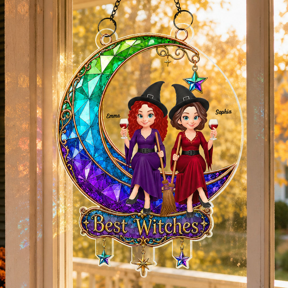 Beautiful Witches Sitting On Moon - Personalized Acrylic Window Hanging - Halloween Decoration For Besties, Girls