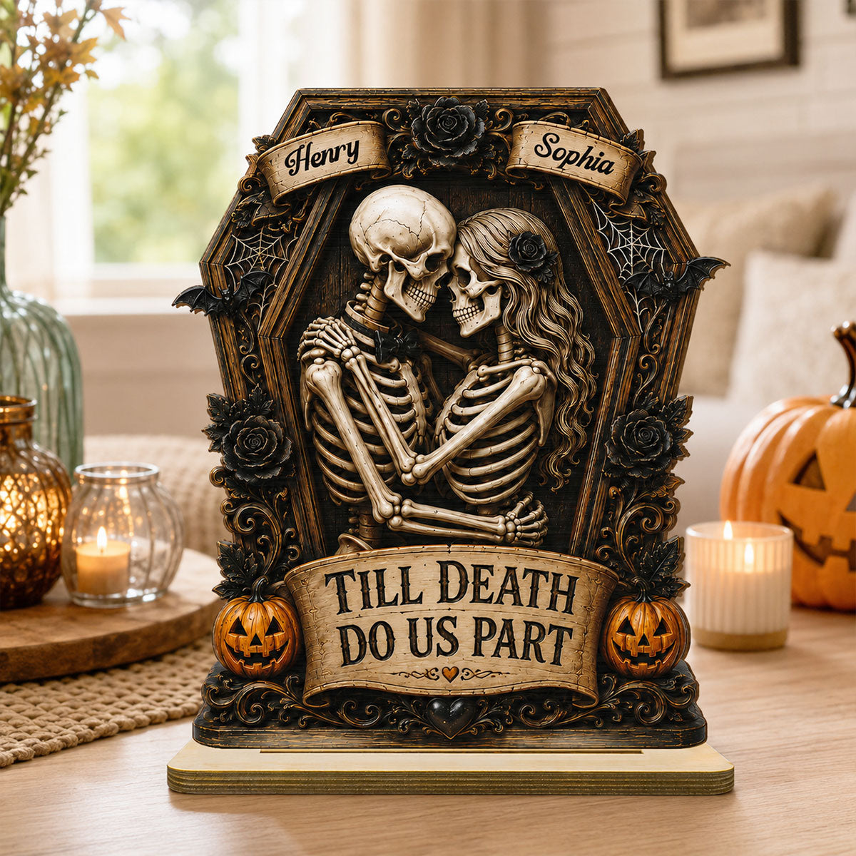 Till Death Do Us Part Skeleton Couple In Coffin 2D Flat - Personalized 2-Layered Wooden Plaque - Halloween Decor For Couple