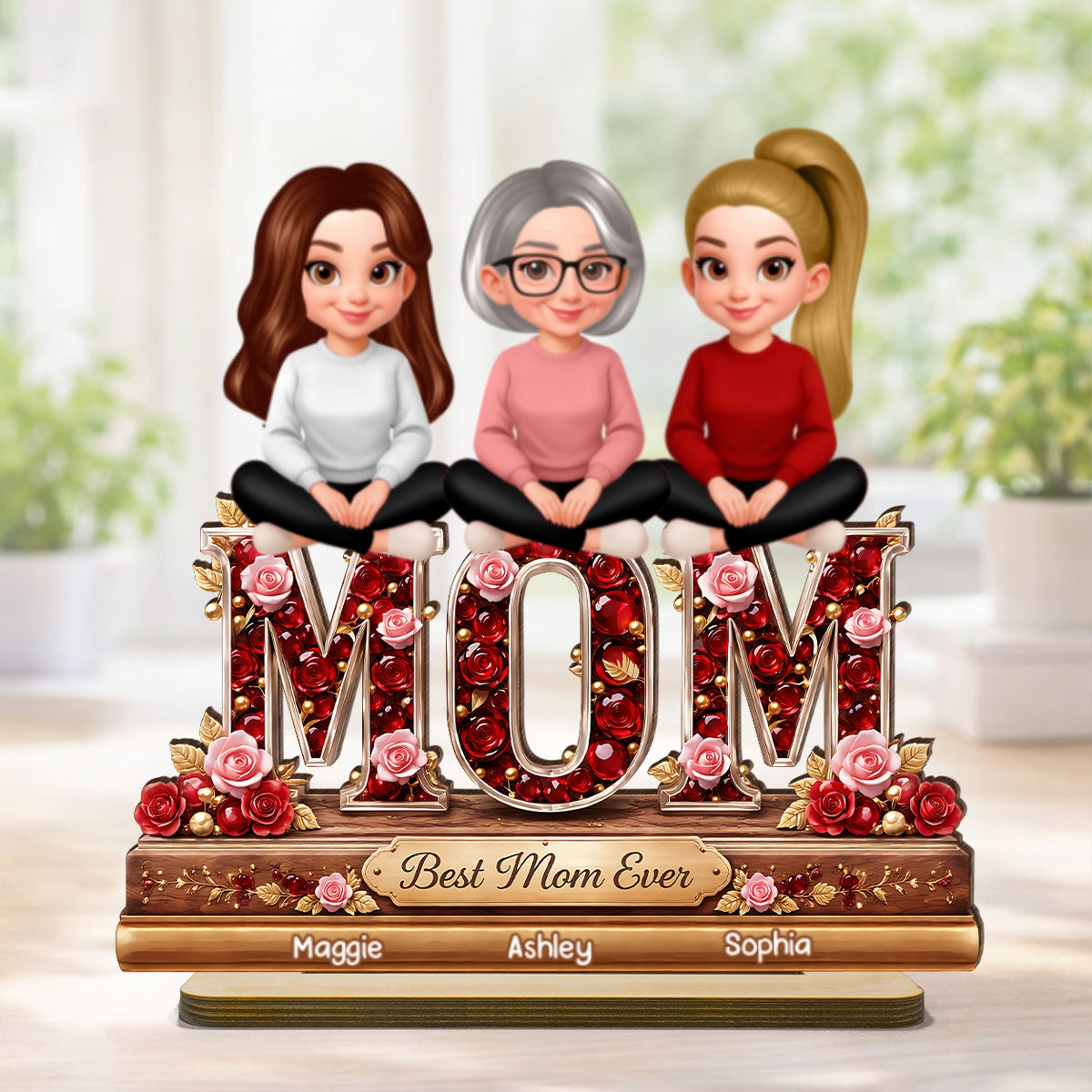 Mom Daughters Sons Sitting Best Mom Ever - Personalized 2-Layered Wooden Plaque - Heartfelt Gift For Mom, Grandma