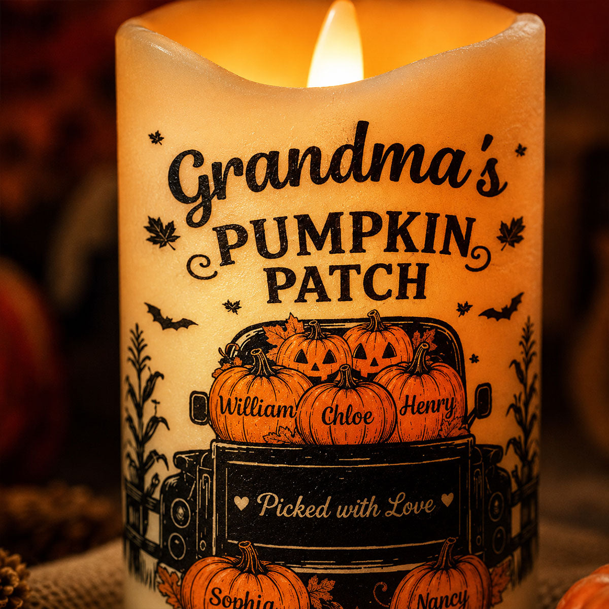 Grandma's Pumpkin Patch Jack-o'-lantern Pumpkins Truck - Personalized LED Candle - Perfect Halloween Decor For Grandma