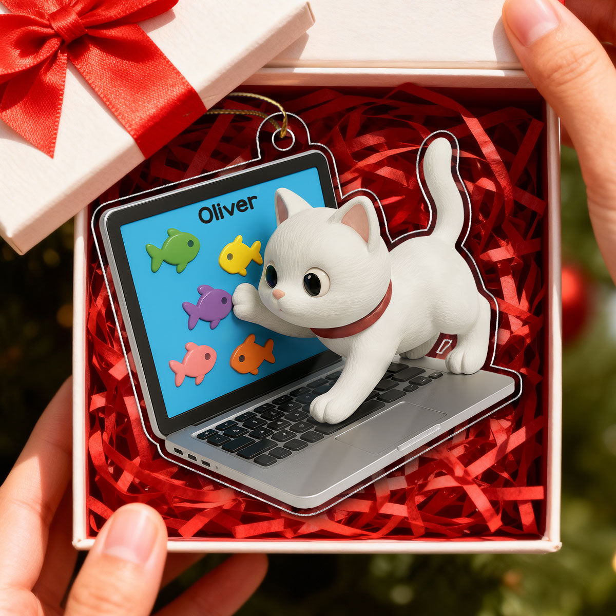 3D Effect Mischievous Kitten On Laptop - Personalized Acrylic Ornament - Gift For Cat Lovers
