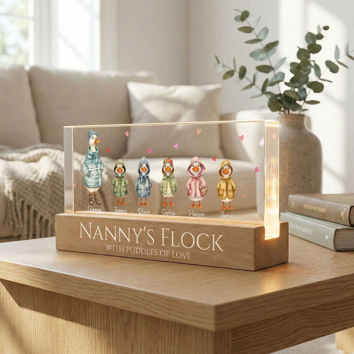 Nanny's Flock Gift For Grandma Nana Grammy Cute Watercolor Ducks - Personalised Acrylic Block LED Night Light - Mother's Day Gift