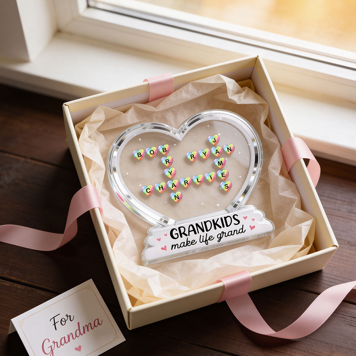 Grandkids Make Life Grand Crossword Puzzle Art Colorful Hearts 2D Flat - Personalized Acrylic Block Plaque - Gift For Grandma
