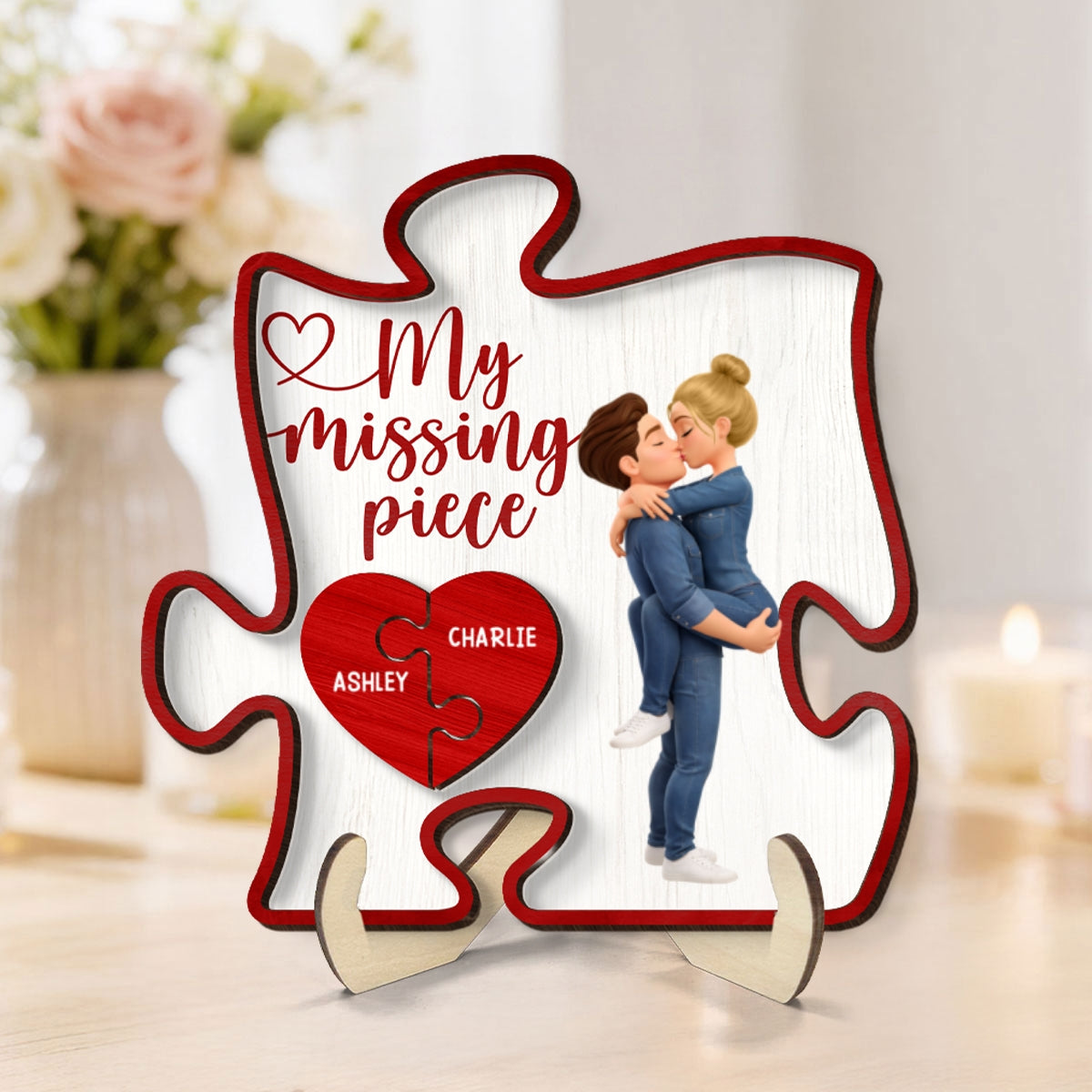 Couple Kissing My Missing Piece Red Puzzle - Personalized 2-Layered Wooden Plaque - Anniversary, Valentine's Day Gift, Gift For Him, Gift For Her