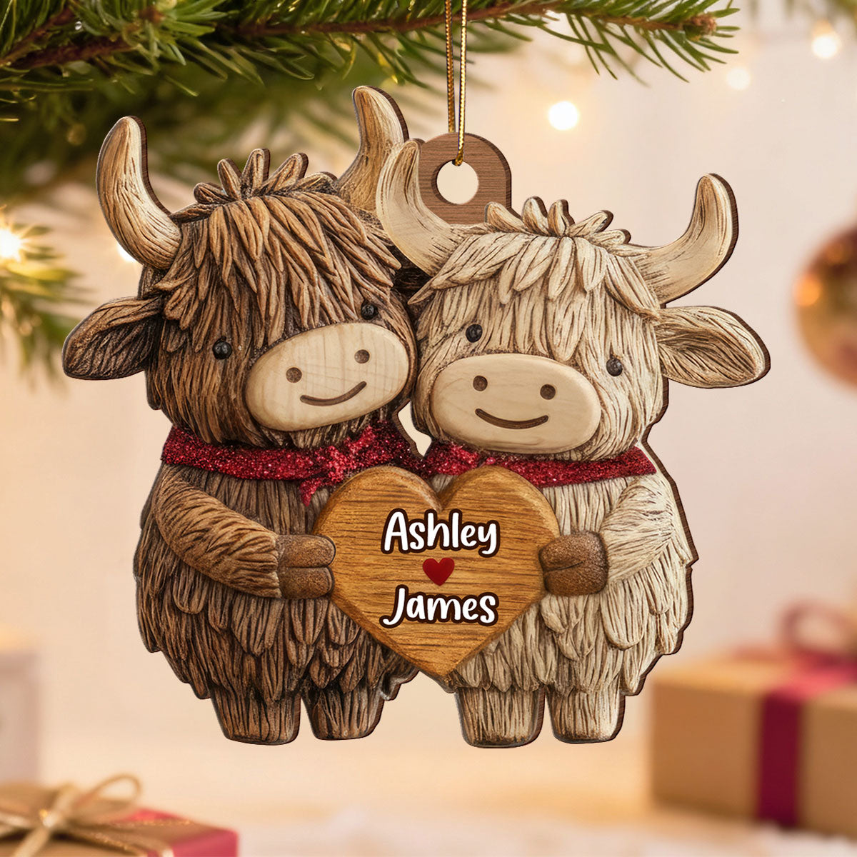 3D Effect Animal Couple Heart - Personalized Wooden Ornament - Gift For Him, Gift For Her