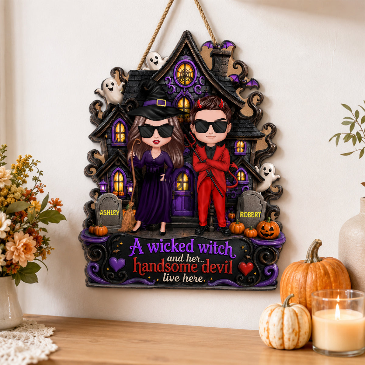 Halloween A Wicked Witch and Her Handsome Devil Live Here - Personalized Door Sign - Summerween Decor for Couples