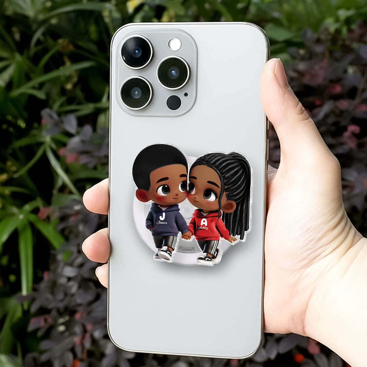 3D Effect Cute Cartoon Couple Holding Hands - Personalized Acrylic Magnetic Phone Grip - Matching Phone Grips for Couples