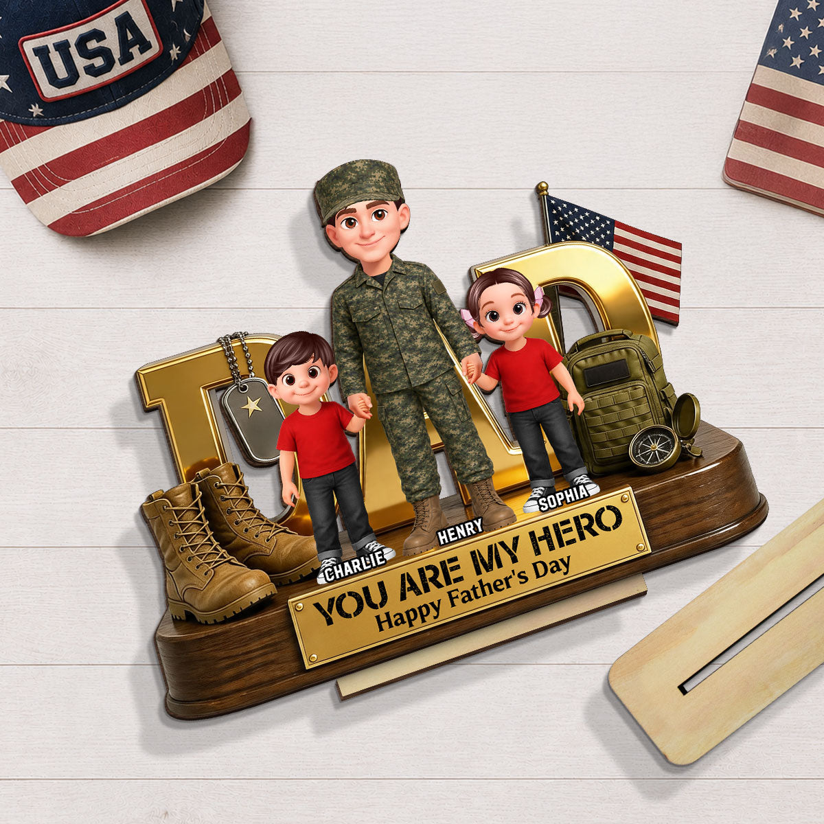 Proud American Millitary Dad - Personalized 2-Layered Wooden Plaque -  Gift For Dad, Husband