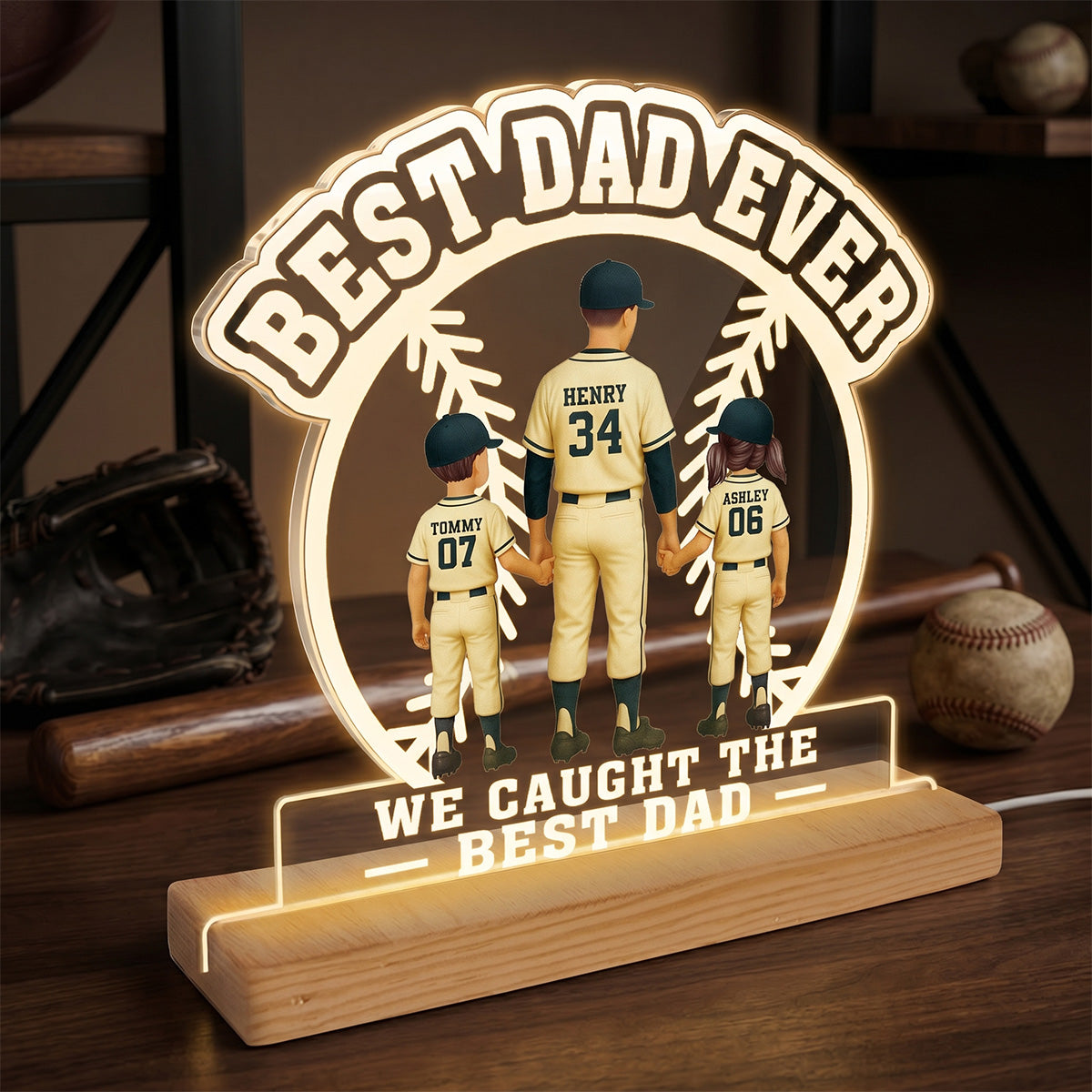 We Caught The Best Dad Baseball Dad & Kids - Personalized Acrylic Plaque LED Night Light