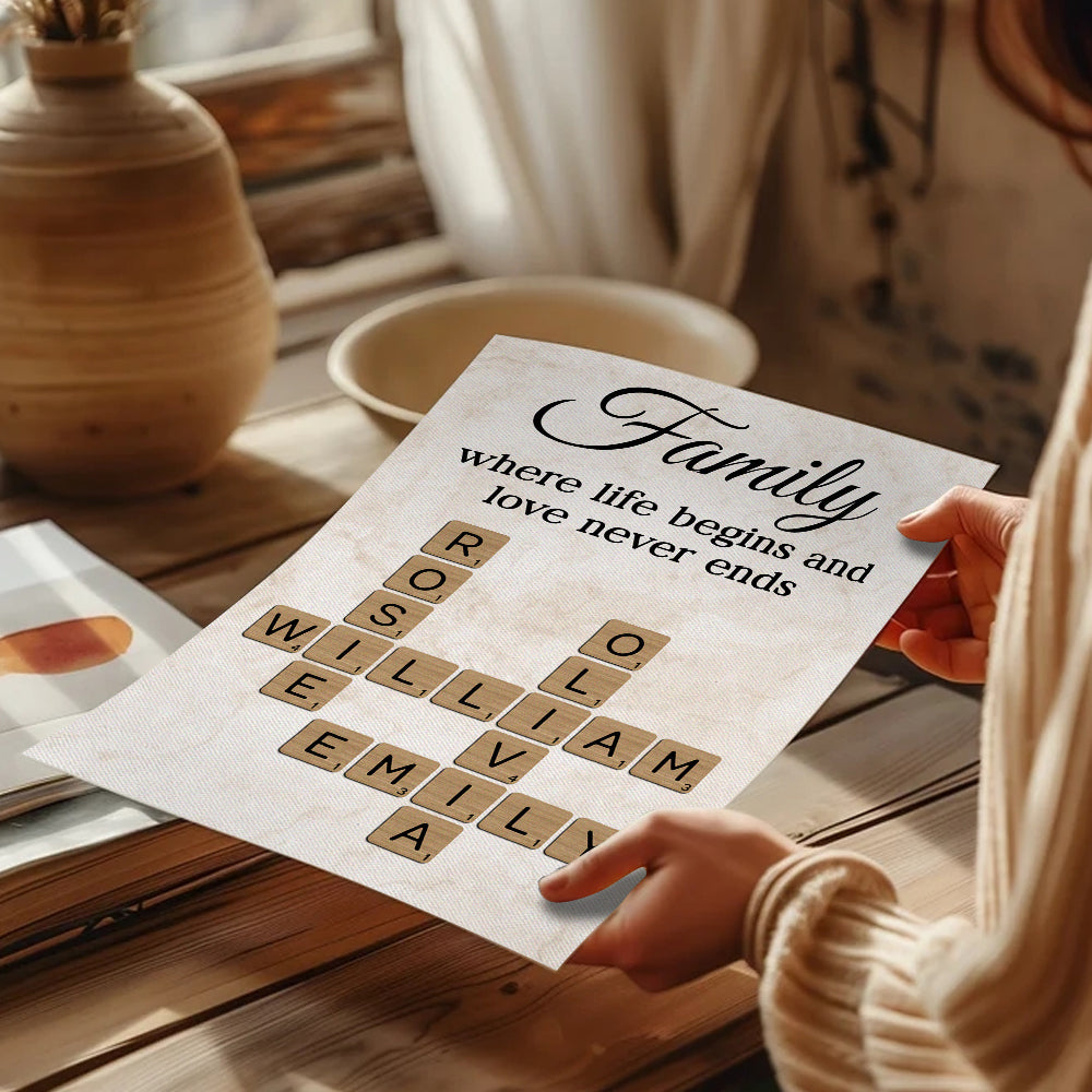 Family Where Life Begins and Love Never Ends Crossword - Personalised Poster - Sentimental Gift for Loved Ones