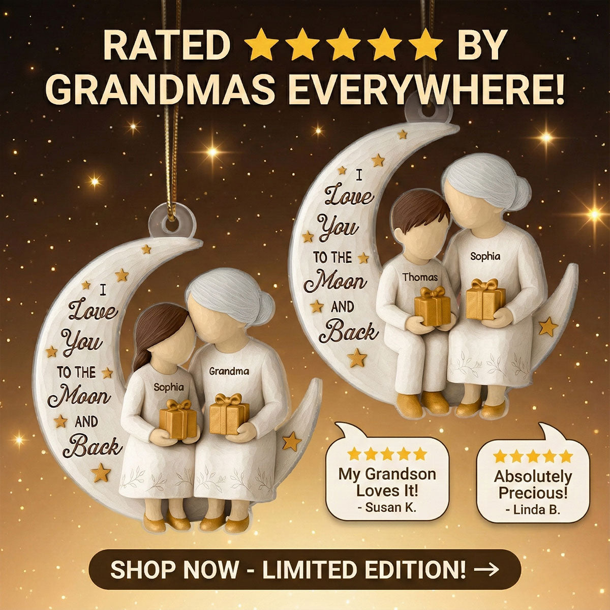 3D Effect Golden Star Grandma Grandkid On Moon - Personalized Acrylic Ornament - Gift For Granddaughter, Grandson