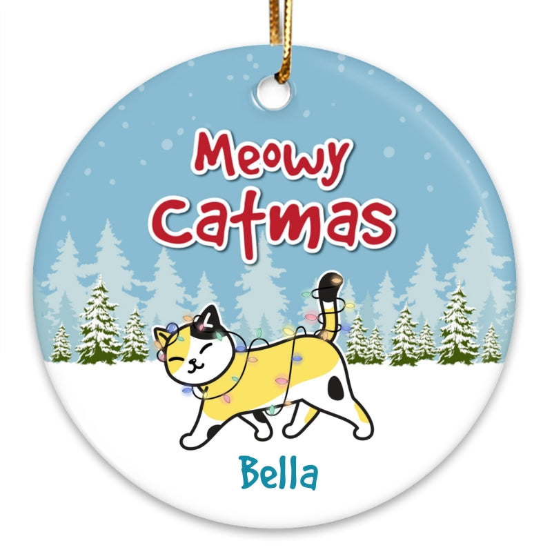 Cat Christmas Walking In The Snow Personalized Circle Ornament
