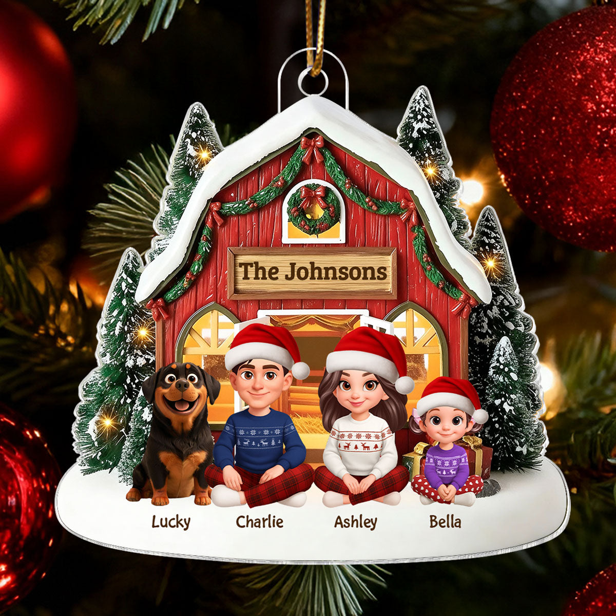 3D Effect Christmas Barn House Family Sitting Together - Personalized Acrylic Ornament